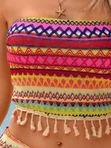 Swim Vcay Bộ bikini 2 món dành cho nữ, áo lót hai dây, vải dệt họa tiết sọc nhiều màu sắc, trang trí tua rua phong cách Bohemian, kiểu dáng nghỉ dưỡng bãi biển, thích hợp cho hồ bơi và bãi biển. - Nhiều màu - Xem 6