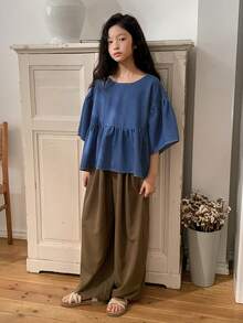 DAZY Tween Girls Round Neck Short Sleeve Denim Top - Blue - View 2