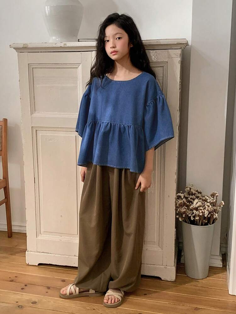 Tween Girls Round Neck Short Sleeve Denim Top Summer
