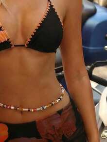 Swim Mod 3件套女士性感豹纹吊带三角罩杯网纱比基尼泳衣 - 黑色 - 查看 3