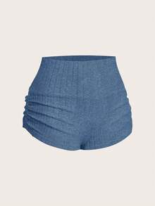 SHEIN EZwear 女士夏季纯色弹力腰带罗纹褶皱针织短裤，女士提臀短裤，蓝色短裤，女士弹力短裤，女士热裤，女士牛仔短裤，女士短裤，夏季女士短裤，休闲紧身短裤 - 寶藍色 - 查看 6