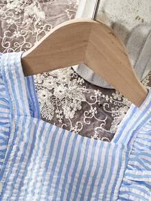 SHEIN 女婴优雅甜美无袖方领编织蓝色格子连体裤，适合度假和日常穿着 - 藍色 - 查看 5