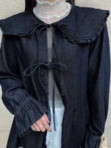 FRIFUL Women's Casual Peter Pan Collar Tie-Up Denim Blouse, Autumn Long Sleeve - Blue - View 4