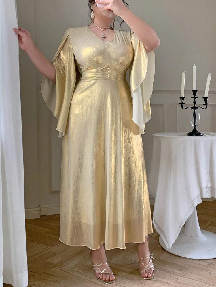 Dazy Plus Plus Size Women V-Neck Ruffle Sleeve Elegant Party Dress, Gold Color, Spring/Summer Dress Sundress