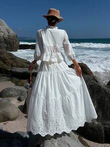 Livesso 春夏提花荷叶边系带露脐上衣和镂空半裙两件套，休闲海滩度假风女装 - 白色 - 查看 5