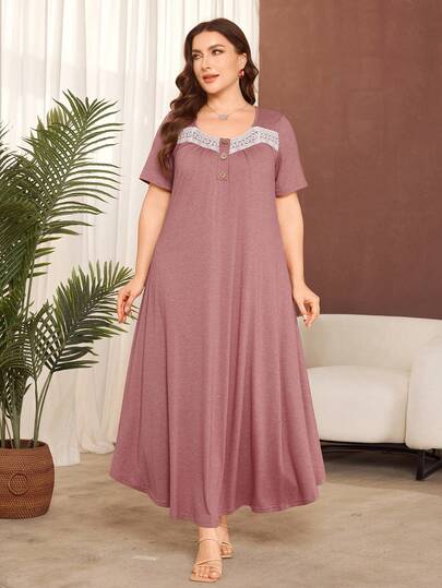 Lacomfia 大码纯色短袖针织休闲荷叶边连衣裙