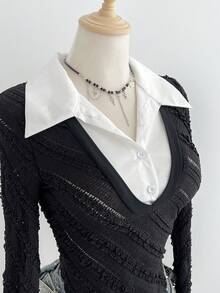 SHEIN Unity Damen Mode strukturiertes gestreiftes Farbblock Hemd - Schwarz und Weiss - Übersicht 6