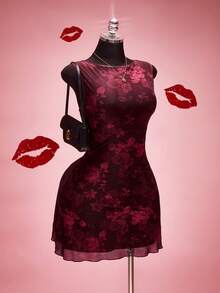 SHEIN ICON Đầm lưới không tay cổ thuyền in hoa hồng cỡ lớn, thích hợp cho mùa hè, lễ tốt nghiệp, tựu trường, kỳ nghỉ hè, mùa xuân, ngày Valentine, hẹn hò. - Nhiều màu - Xem 8