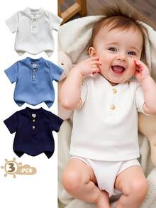 Vintaside Kids 3件套新生男婴休闲简约风蓝色柔软条纹质感短袖上衣，适合日常穿着，春夏款