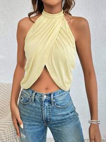 Glamine Women Light Yellow Halter Crop Tank Top With Ruched Details And Back Rhinestone Chain Sexy Asymmetrical Hem - Light Yellow - View 4