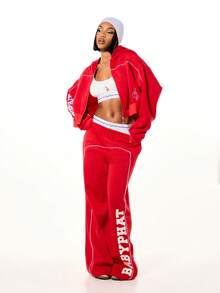 BABYPHAT Logo Wide Leg High Rise Elastic Waist Varsity Sweatpants With White Contrast Piping And Side Text - Red - View 6