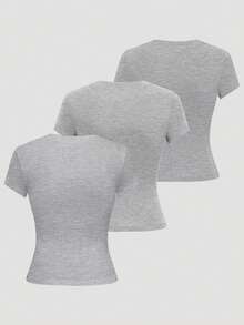 SHEIN LUNE Women's Solid Color Round Neck Short Sleeve Casual Versatile T-Shirt - Light Grey - View 2