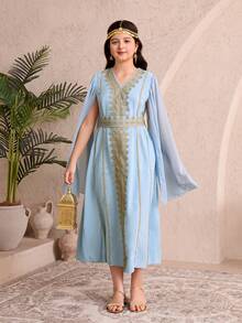 Middle Eastern Girls' V-Neck Elegant Dress, Spring/Autumn - Baby Blue - View 5