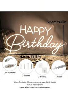 1PC Happy Birthday LED Neon Sign, Warm White Wall Hanging LED Light With Switch, USB Powered, Plastic Material, 16.5*9.8 Inches - Multicolor - View 7
