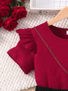 SHEIN 2pcs/Set Girls Casual Flutter Sleeve Round Neck T-Shirt Top And Beaded Hem Skirt, Suitable For Spring/Summer Travel, Beach, Vacation - Red - View 5