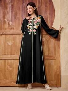Al Najma Modest Vacation Style Floral Print Flare Sleeve Loose Arabic Dress - Multicolor - View 6