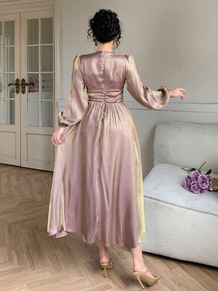 Women's V-Neck Waist Cinched Long Sleeve Satin Dress, Elegant For Formal Events Sundress
