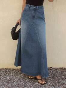 DAZY 女士常规腰围宽松A字长款休闲牛仔裙 - 中等水洗藍 - 查看 5