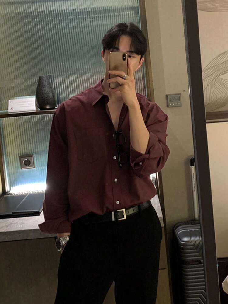 Burgundy Casual Versatile Commuter Shirt For Men, Spring Long Sleeve Tops