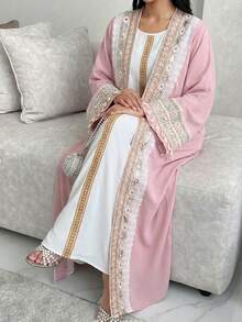 Loose Elegant Gold Embroidered Ribbon Abaya Dress Set For Teen Girls - Multicolor - View 3
