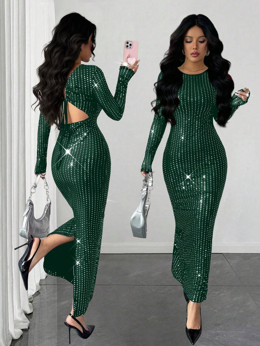 Rafferiza 女士亮片针织网纱圆领长袖露背性感系带连衣裙，适合派对、婚礼、时尚奢华场合、毕业舞会等。 - 墨綠色 - 查看 1