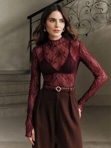 Anewsta Women's Lace Sheer Sexy Thumb Hole Elegant Blouse, Suitable For Holiday Party Outfits - Red Violet - View 1