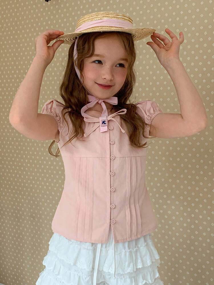 Tween Girls Solid Color Fitted Tie Waist Puff Sleeve Blouse Summer