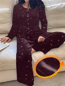 DAZY 2件套女士星形印花丝绒长袖开衫和长裤睡衣套装，秋冬款 - 淺灰紫 - 查看 3