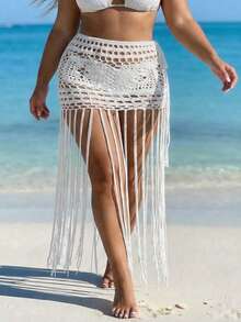 Swim Vcay 大码流苏钩编镂空性感度假风罩衫连衣裙 - 白色 - 查看 3