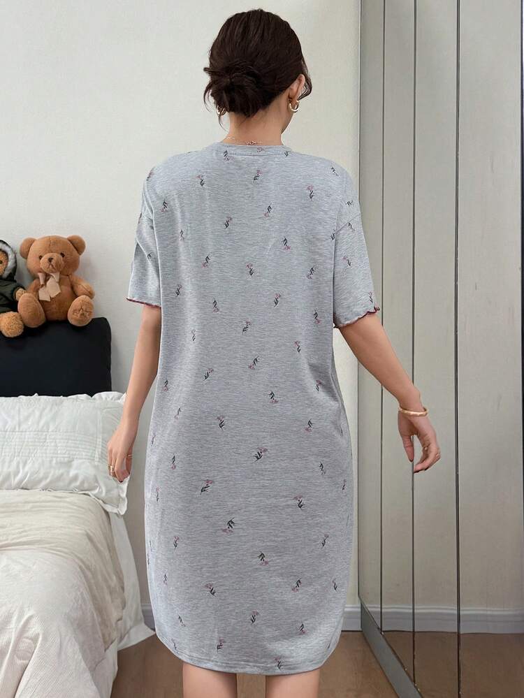Ditsy Floral English Graphic Loose Short Sleeve Nightgown, Women Sleepwear Dress
