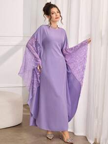 Al Najma 女士优雅撞色蕾丝宽松落肩连衣裙，秋季 - 紫色 - 查看 5