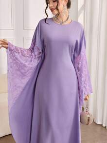 Al Najma 女士优雅撞色蕾丝宽松落肩连衣裙，秋季 - 紫色 - 查看 7