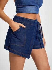 Jeanoix Women's Solid Color Wrap Tie Casual Denim Shorts Vacation Navy Blue Summer - Blue - View 4