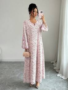Yasmyna Women's Woven Print V-Neck Contrast Sleeve & Hem Loose Arabic Dress - Dusty Pink - View 4