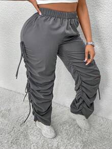 Flirla 女性加大碼彈性腰帶束口休閒褲 - 灰色 - 查看 5