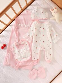 SHEIN Newborn Baby Girl 5-Piece Soft Cotton Outfit Set, Includes Bodysuit, Hat, Socks, Bib, Swaddle Blanket, Suitable For Summer, Gift Set For Newborn, Infant, Shower, Coming Home Newborn Girl Clothes Set Baby Girl Rompers Set Baby Girl Cotton Set Strawberry Print Baby Clothes Newborn Baby Girl Clothes