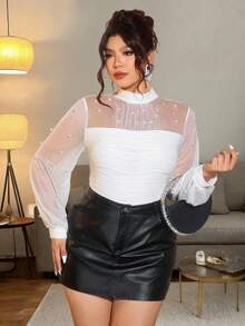 Cravure Blusa Feminina Elegante de Manga Longa Lanterna com Decote Alto, Cintura Marcada, Tecido Leve de Tule com Aplicação de Miçangas, Recortes Assimétricos e Linhas Curvas, Ideal para Passeios, Reuniões e Encontros