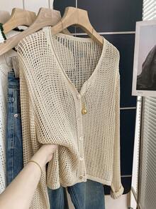 Franclia Casual Loose V-Neck Long Sleeve Hollow Knit Button Design Apricot Women Cardigan, Lightweight For Spring/Summer - Apricot - View 7