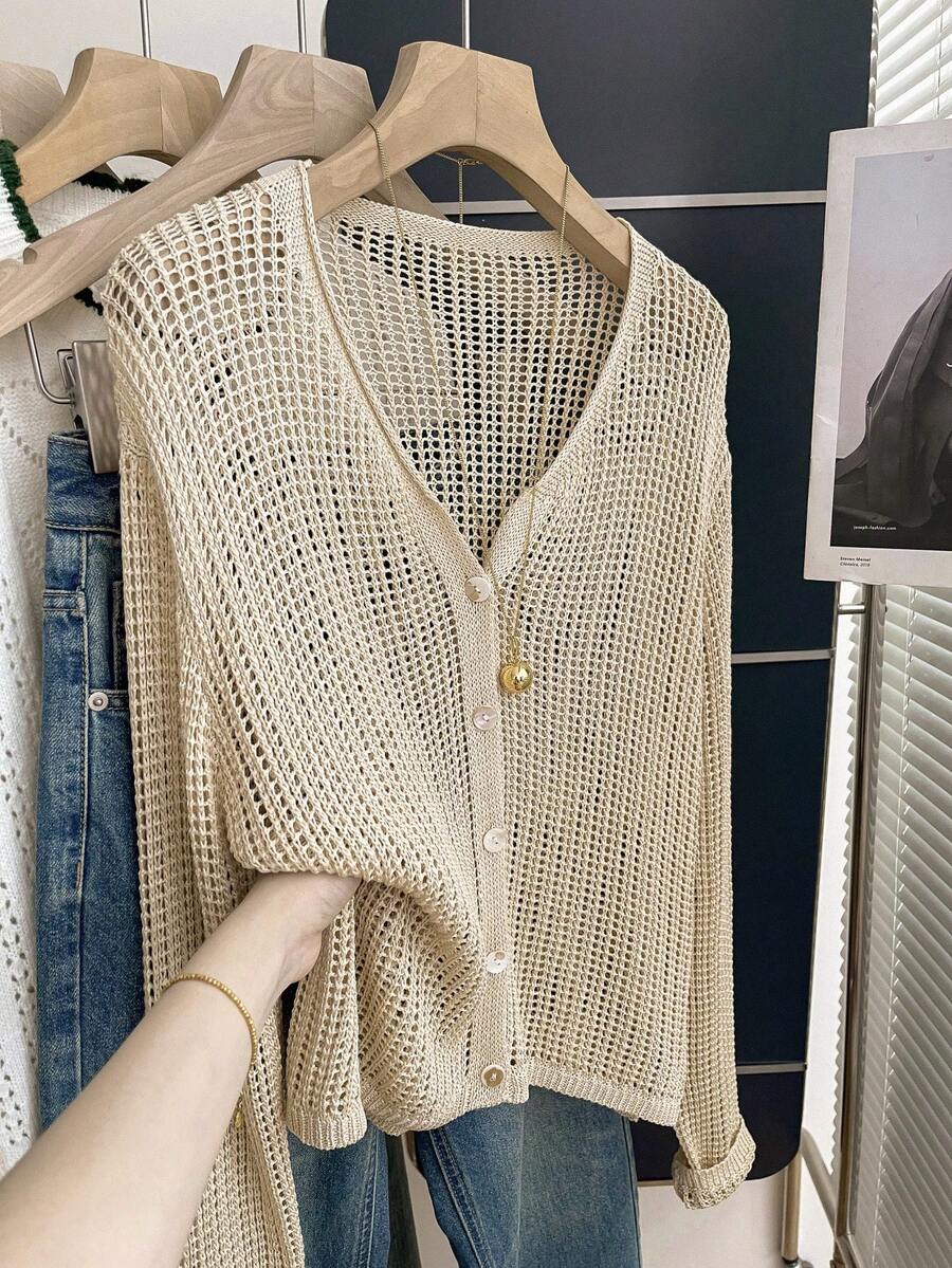 Franclia 休闲宽松V领长袖镂空针织纽扣设计杏色女士开衫，轻薄透气，适合春夏穿着 - 杏色 - 查看 1