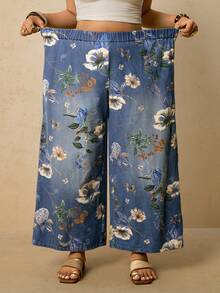 Travachic 大码女式印花弹力腰阔腿宽松休闲牛仔裤 - 中等水洗藍 - 查看 7