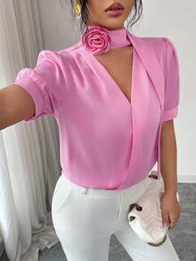 Rafferiza Women's Soft Pink Elegant Summer Blouse,Short-Sleeved V-Neck Cross-Sleeve Top With Three-Dimensional Rose Flowers & Sash,Perfect For Party & Casual - Pink - View 6
