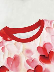 Girls' Fashionable Sweet Cute All-Over Heart Print Round Neck Short Sleeve T-Shirt Top, Suitable For Holiday Parties, Valentine's Day Gift, Red Heart Top For Outdoor Wear In Summer