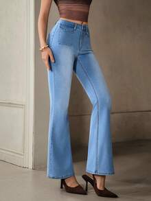 Selenza 女士休闲日常水洗口袋喇叭牛仔裤，女式靴型牛仔裤，高腰女式喇叭牛仔裤，女式喇叭牛仔裤 - 藍色 - 查看 6