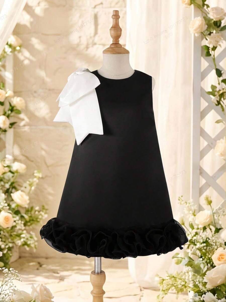Glamorique Kids 少女花童伴娘礼服，圣诞节，婚礼，花童，大蝴蝶结，派对表演，适合正式场合，舞台，钢琴演奏，春季，夏季，舞会礼服，优雅派对礼服 - 黑色 - 查看 1