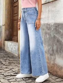 SHEIN LUNE Women's Casual Everyday Washed Pocket Flare Jeans - Blue - View 5