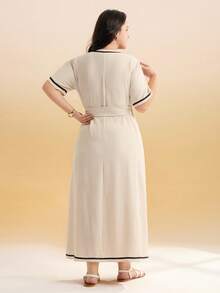 Momelise Đầm midi ngắn tay màu đen dáng rộng thanh lịch dành cho nữ, viền ruy băng, cỡ lớn. - Màu be - Xem 2