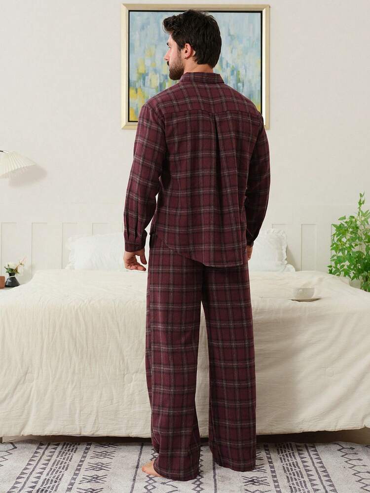 Men's Plaid Shirt And Long Pants Pajama Set, Spring/Autumn