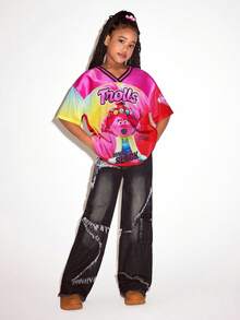 SHEIN Trolls 1pc Tween Girl Casual Cartoon Letter Ombre Loose Fit Short Sleeve Breathable Mesh T-Shirt, Sporty Style - Multicolor - View 5