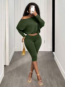 BamGleam Sexy Asymmetric-Shoulder Cinched Waist Long Sleeve Crop Top And Pants Set - Olive Green - View 7