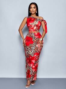 SOLERSUN 女士度假豹纹和热带印花系带不对称领口露脐上衣和铅笔裙套装（随机花卉图案） - 紅色 - 查看 5